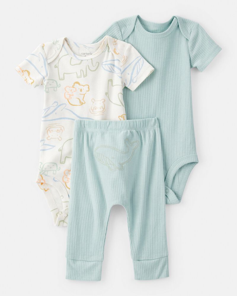 Baby 3-Piece Animal Bodysuits & Pant Set - Blue/White, image 1 of 6 slides