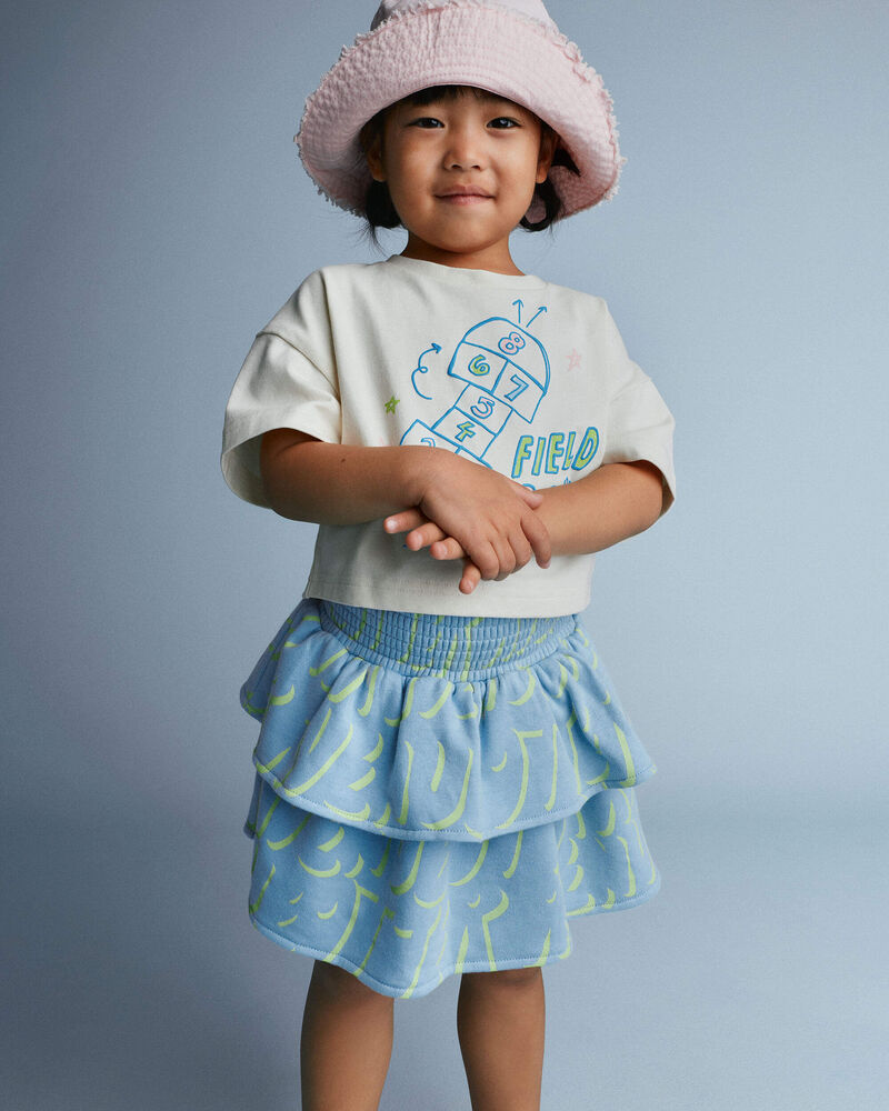 Toddler Girl Smocked Tiered Skirt in Otter Avenue Print - Light Blue/Lime Green, image 4 of 5 slides