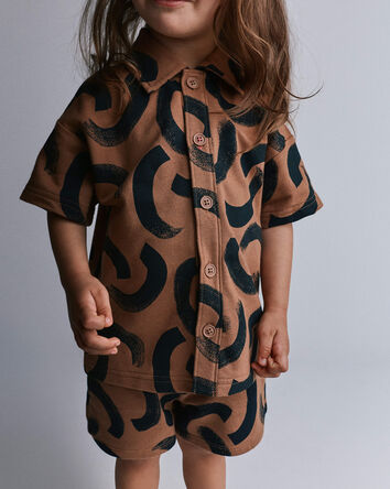 Toddler Boy Button-Down Short-Sleeve Shirt in Abstract Print - Brown, 