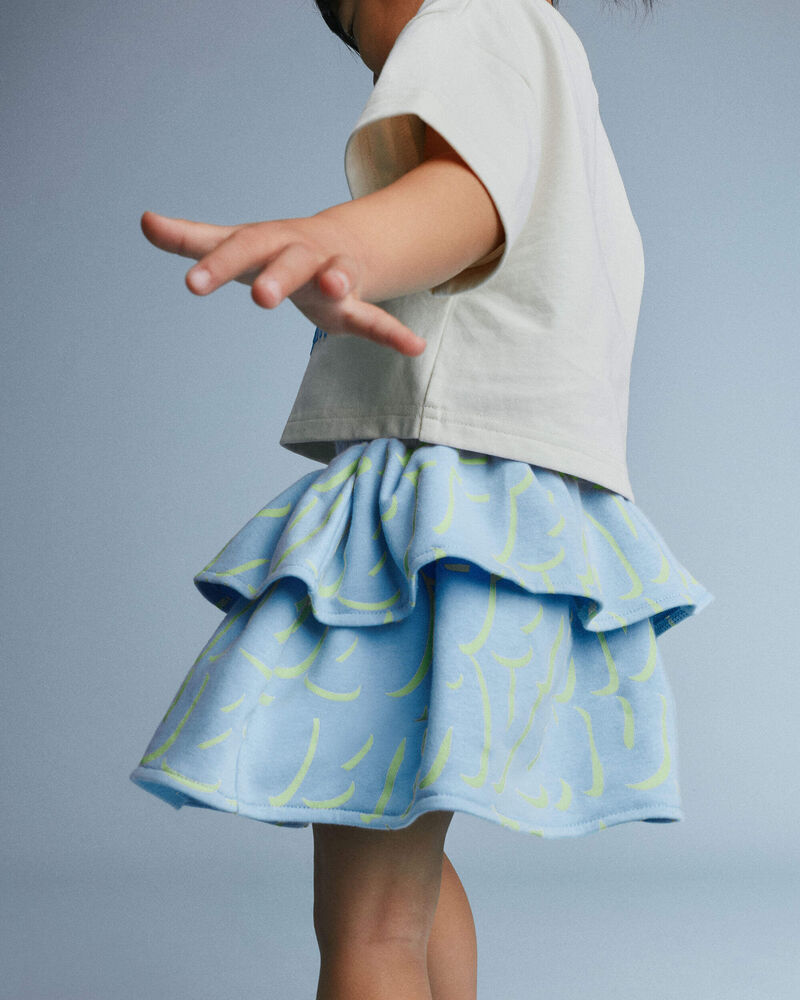 Toddler Girl Smocked Tiered Skirt in Otter Avenue Print - Light Blue/Lime Green, image 3 of 5 slides