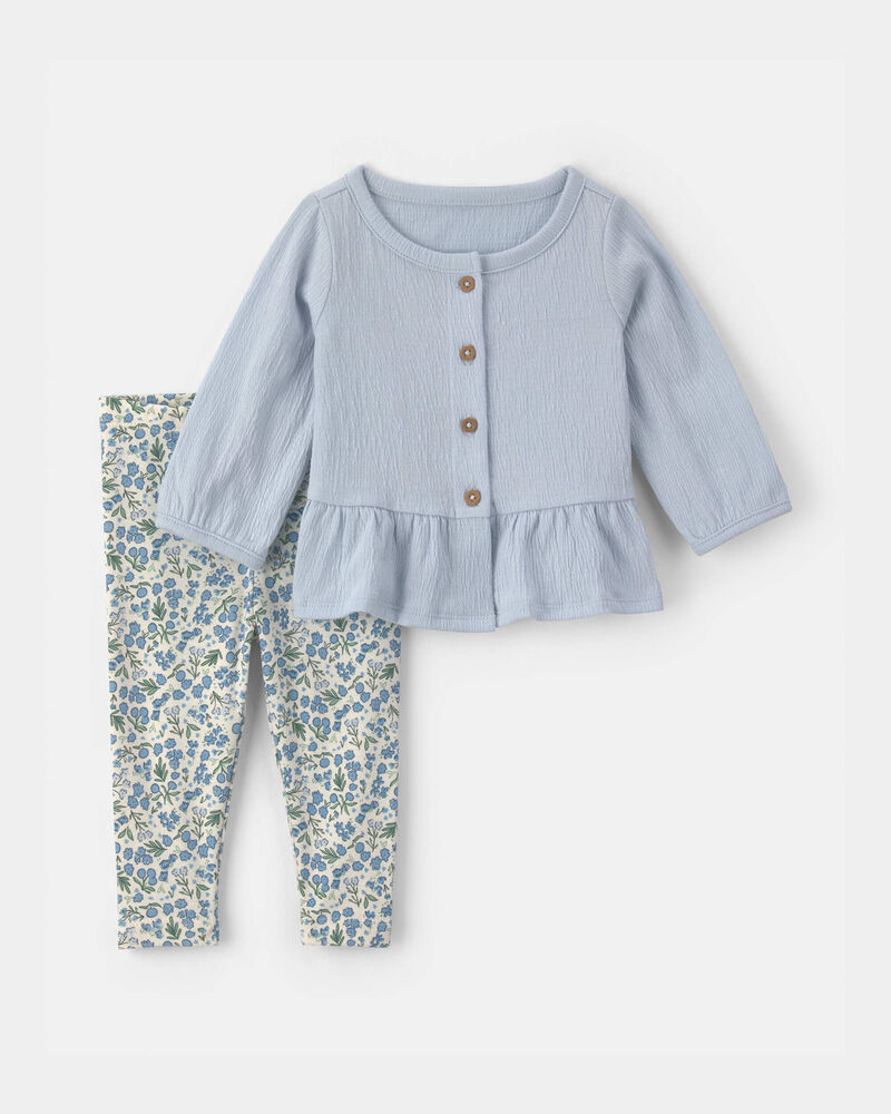 Baby Girl 2-Piece Floral Long-Sleeve Top & Pant Set - Blue, image 1 of 4 slides
