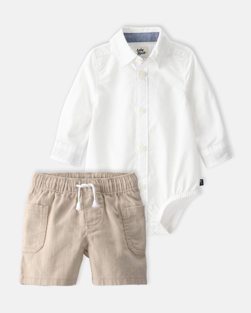 Baby Boy 2-Piece Button-Down Bodysuit & Short Set - White/Brown, image 1 of 8 slides