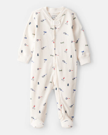 Baby Boy Construction Print Cotton Long-Sleeve Snug Fit Sleep & Play Pajamas - White, 
