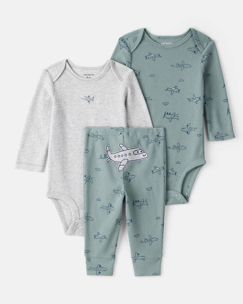 Baby Boy 3-Piece Airplane Print Long-Sleeve Bodysuit & Pant Set - Blue, image 1 of 6 slides