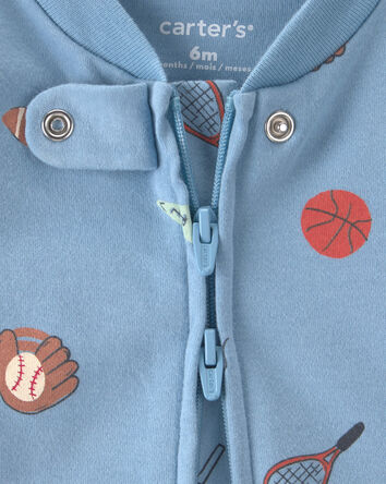 Baby Boy Sports 100% Cotton 2-Way Zip Sleep & Play Pajamas - Blue, 