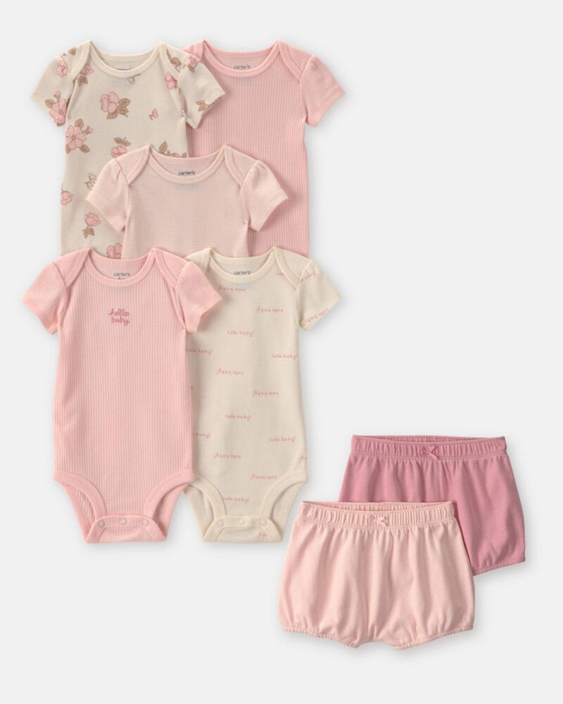 Baby Girl 7-Piece Bodysuits & Shorts Set - Pink/Ivory, image 1 of 11 slides