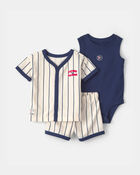 Baby Boy 3-Piece Baseball Striped Top & Short Set - Blue/Ivory, image 1 of 5 slides