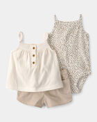 Baby Girl 3-Piece Cheetah Top, Bodysuit & Short Set - Khaki/Ivory, image 1 of 5 slides