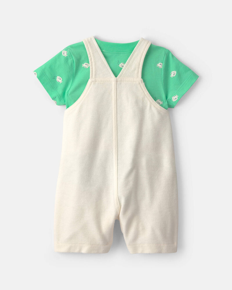 Baby 2-Piece Fish Short-Sleeve Overall Set - Green/Ivory, image 2 of 6 slides