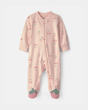 Baby Girl Strawberry 100% Cotton 2-Way Zip Sleep & Play Pajamas - Pink, 
