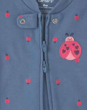 Baby Girl Ladybug 100% Cotton 2-Way Zip Sleep & Play Pajamas - Blue, 