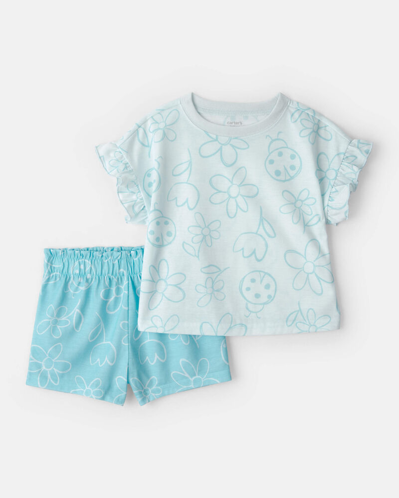 Toddler Girl Floral Ladybug Short-Sleeve Loose Fit 2-Piece Pajama Set - Blue, image 1 of 4 slides