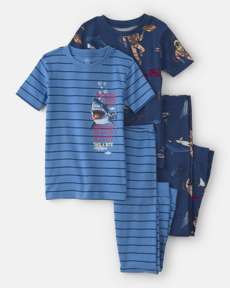 Boys Boat 100% Cotton Snug Fit 4-Piece Pajama Set - Blue, image 1 of 4 slides