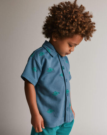 Toddler Boy Button-Down Short-Sleeve Shirt in Fish Print - Slate Blue, 