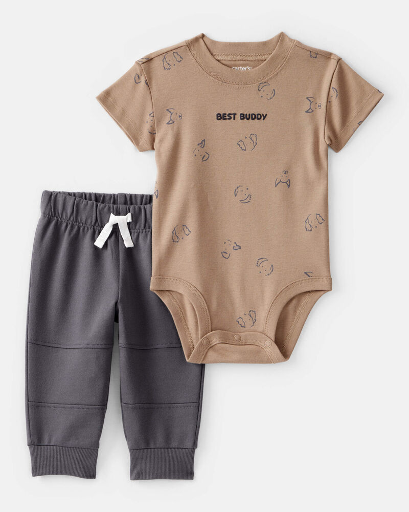 Baby Boy 'Best Buddy' Bodysuit & Jogger Set - Brown, image 1 of 2 slides
