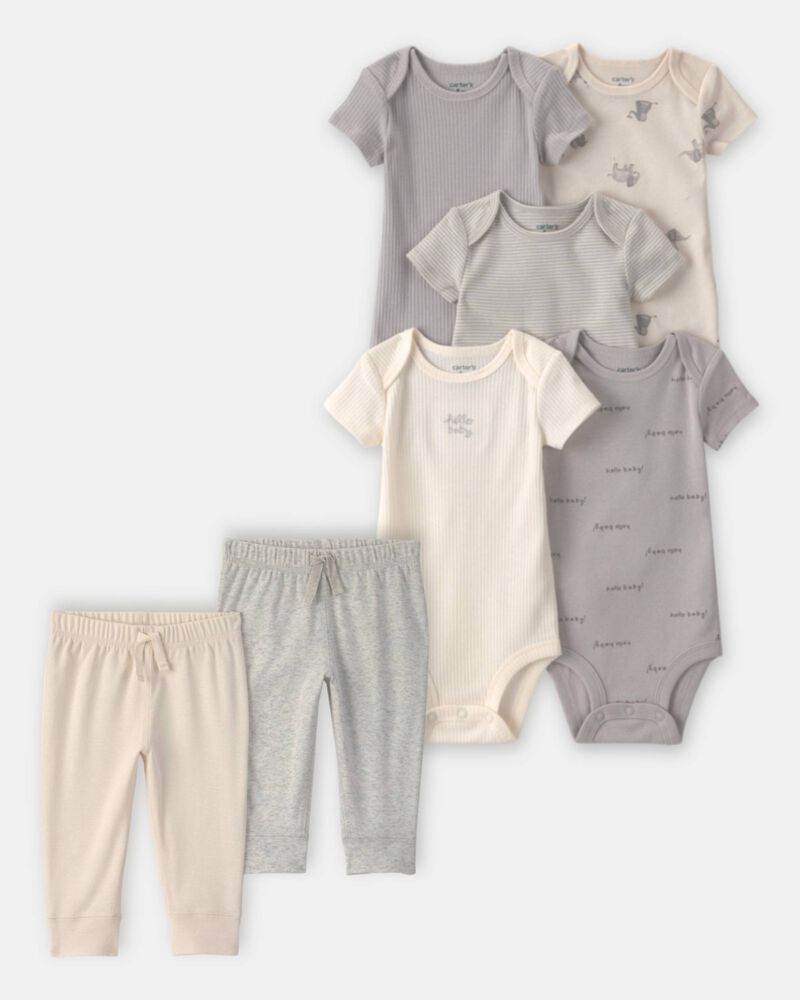 Baby 7-Piece Bodysuits & Pants Set - Grey/Ivory, image 1 of 11 slides