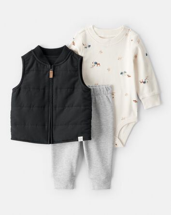 Baby Boy 3-Piece Quilted Vest Outfit Set - Grey/Black, 