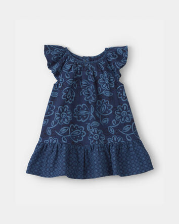 Baby Girl Ruffle-Sleeve Floral Linen Dress - Navy, 