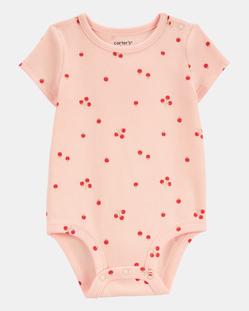 Baby Tomato Print Ribbed Short-Sleeve Bodysuit - Pink, image 1 of 3 slides