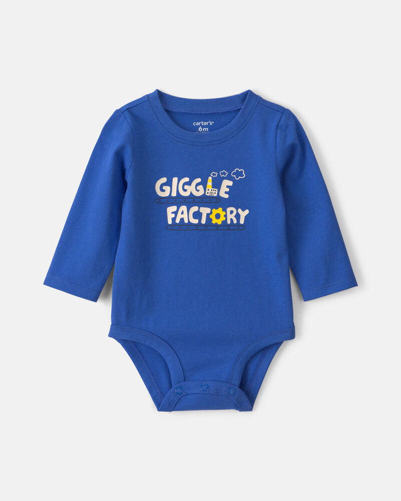 Baby Boy 'Giggle Factory' Long-Sleeve Graphic Bodysuit - Blue, image 1 of 3 slides