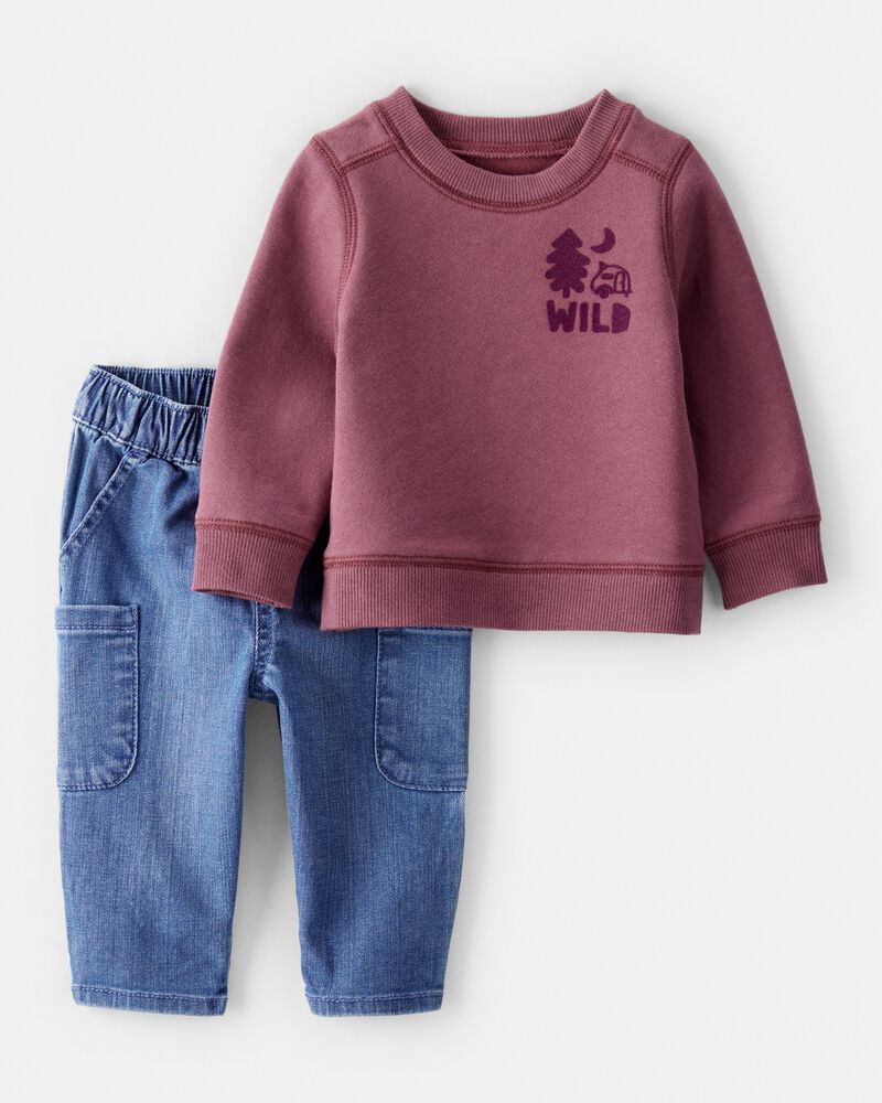 Baby Boy 2-Piece Camping Fleece Sweatshirt & Pant Set - Maroon/Blue, image 1 of 6 slides
