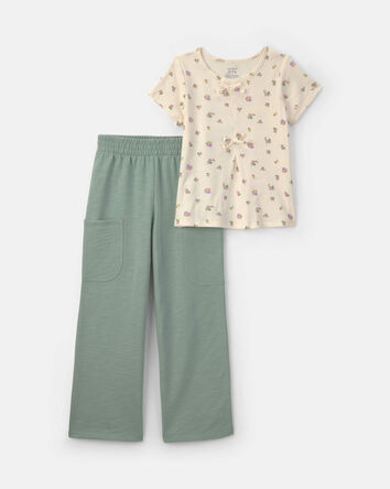 Girls 2-Piece Floral Short-Sleeve Top & Pant Set - Cream/Green, 