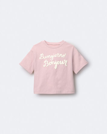 Toddler Girl 'Buongiorno, Bonjour' Rolled Cuff Tee - Light Pink, 