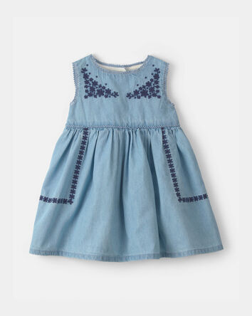 Baby Girl Floral Embroidered Chambray Dress, 