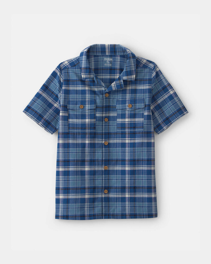 Boys Plaid Short-Sleeve Button-Down Shirt - Blue, image 1 of 3 slides