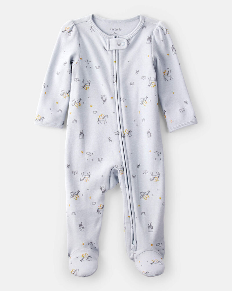Baby Girl Unicorn Star Print 100% Cotton Long-Sleeve 2-Way Zip Sleep & Play Pajamas - Blue, image 1 of 4 slides
