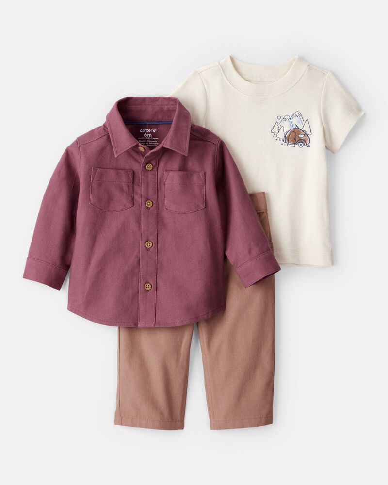 Baby Boy 3-Piece Button-Down Outfit Set - Maroon/Brown, image 1 of 7 slides
