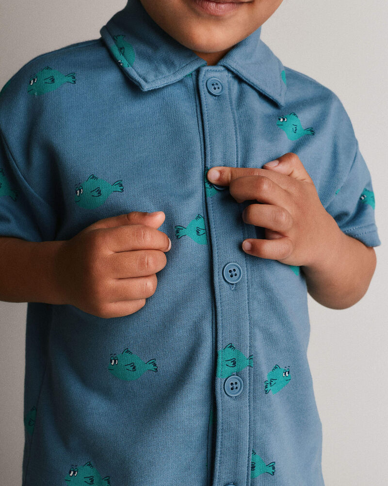 Toddler Boy Button-Down Short-Sleeve Shirt in Fish Print - Slate Blue, image 4 of 6 slides