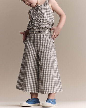 Toddler Girl Gingham Smocked Wide Leg Pant - Cream/Grey, 