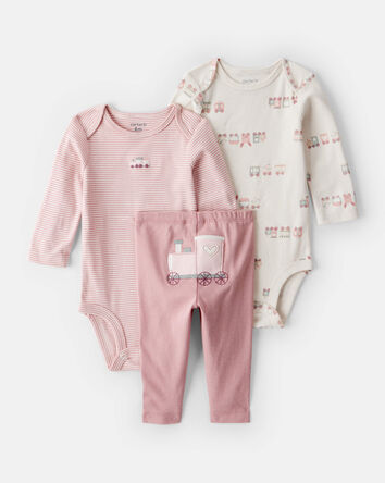 Baby Girl 3-Piece Train Print Long-Sleeve Bodysuit & Pant Set - Pink, 