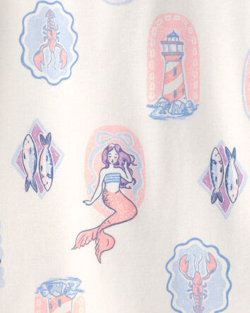 Girls Mermaid 100% Cotton Snug Fit 4-Piece Pajama Set - Blue/Ivory, 