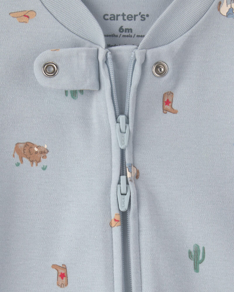 Baby Western 100% Cotton 2-Way Zip Sleep & Play Pajamas - Blue, image 2 of 4 slides