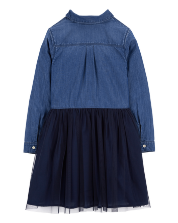 Kid Mixed Fabric Chambray and Tulle Dress
, 
