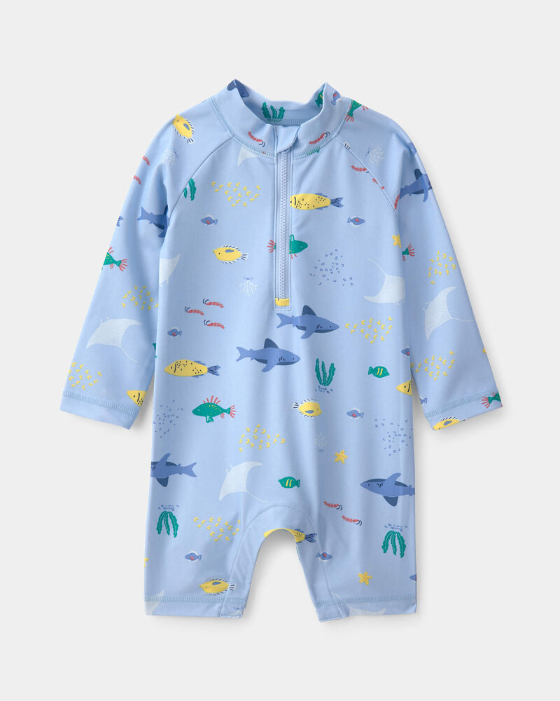 Baby Boy 1-Piece Fish Rashguard Swimsuit - Blue, image 1 of 4 slides