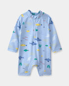 Baby Boy 1-Piece Fish Rashguard Swimsuit - Blue, image 1 of 4 slides