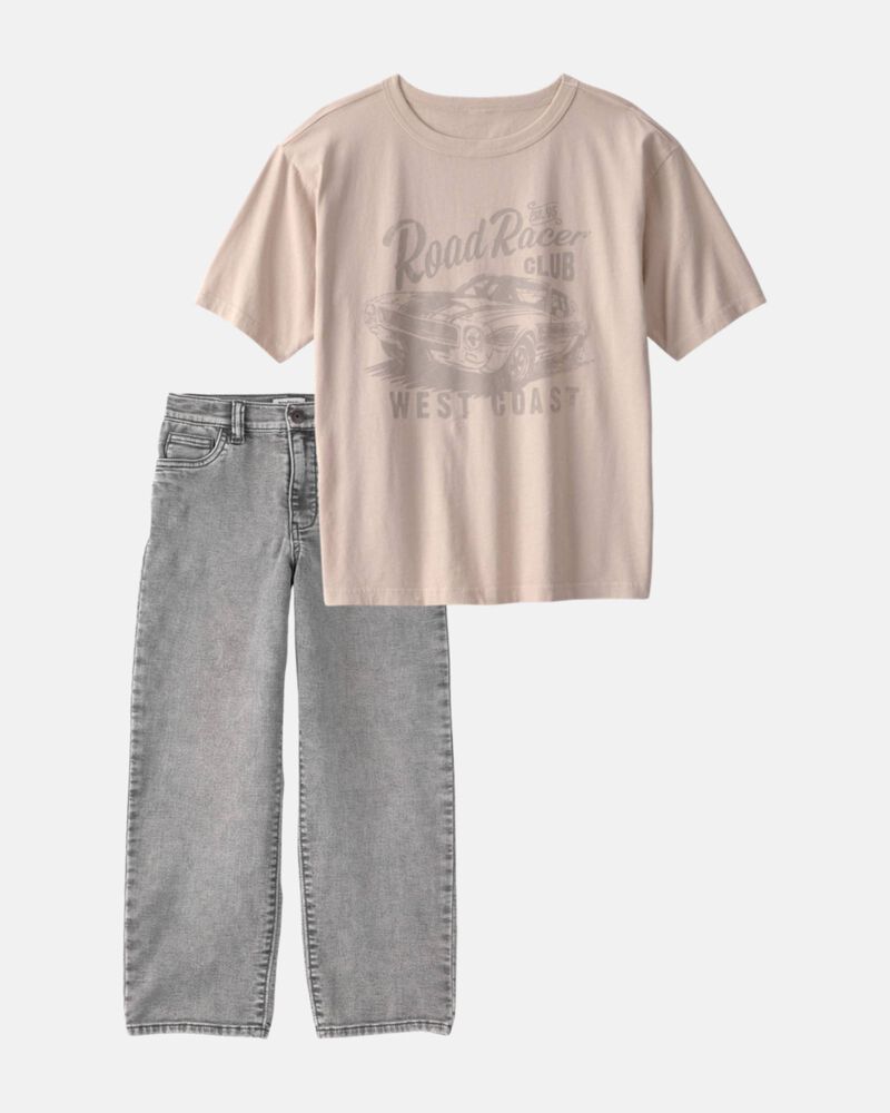 Boys 2-Piece Car Tee & Denim Jeans Set - Brown/Grey, image 1 of 6 slides