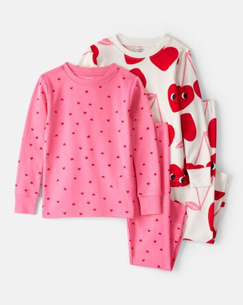 Toddler Girl Cherry & Heart 100% Cotton Snug Fit 4-Piece Pajamas - Pink/White, 
