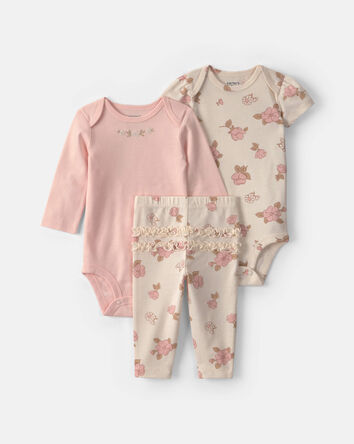 Baby Girl 3-Piece Floral Bodysuit & Pant Set - Pink/Ivory, 