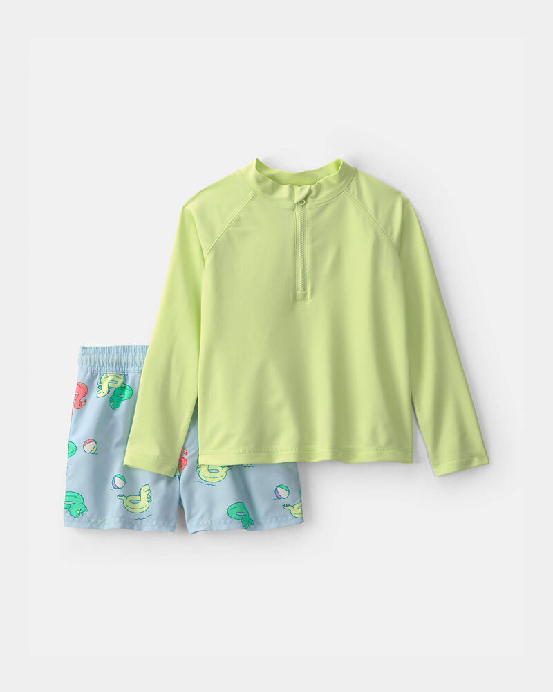 Toddler Boy 2-Piece Dinosaur Rashguard Swimsuit Set - Green/Blue, image 1 of 7 slides