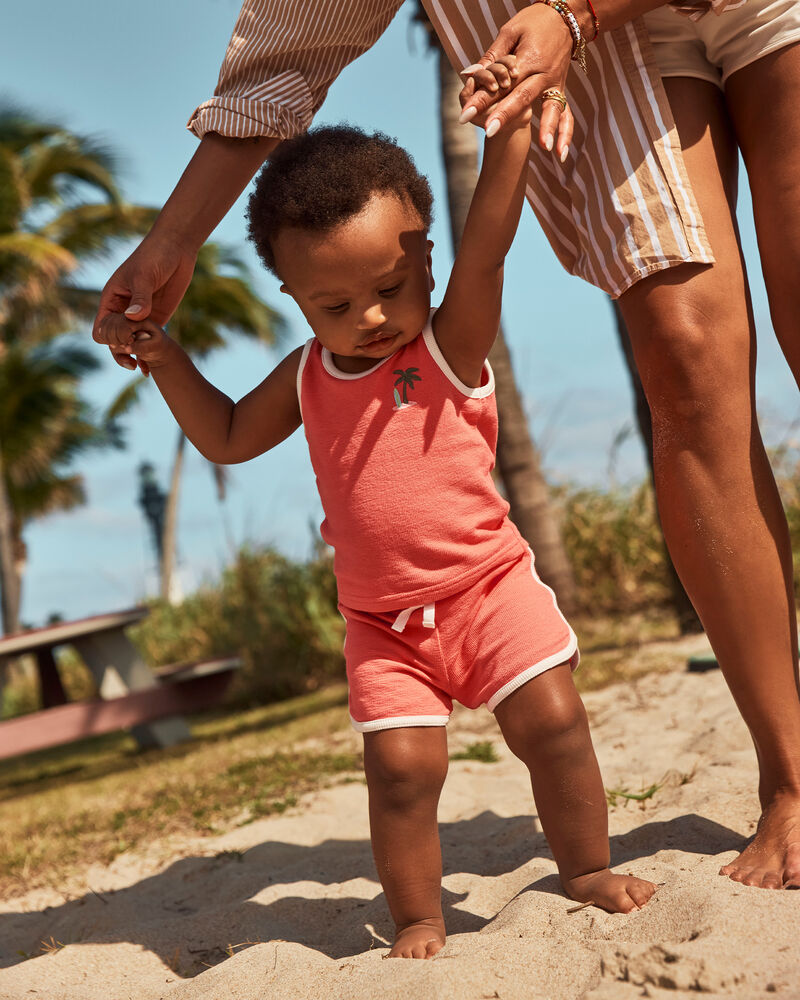 Baby Boy 3-Piece Palm Tree Top & Short Set - Coral, image 3 of 6 slides