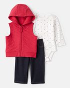Baby Girl 3-Piece Heart Quilted Vest Outfit Set - Red, image 1 of 7 slides