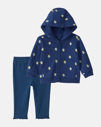 Baby Girl 2-Piece Floral French Terry Hoodie & Pant Set - Navy Blue, 
