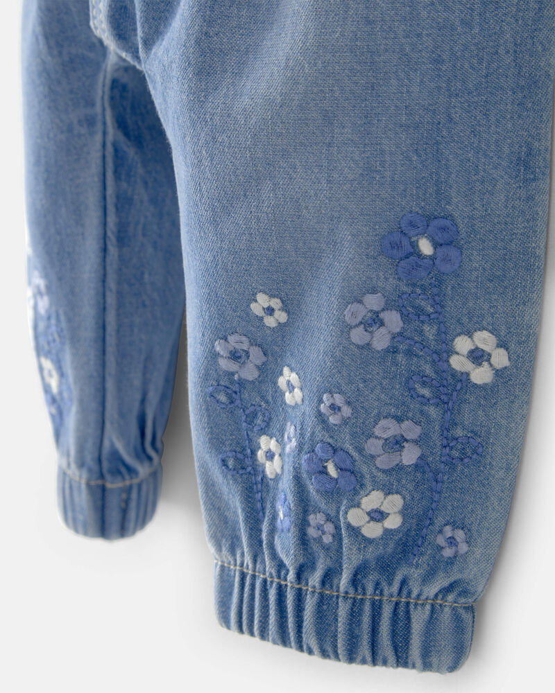 Baby Girl Floral Pull-On Denim Jogger - Medium Wash, image 2 of 5 slides