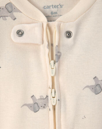 Baby 2-Pack Elephant Striped 100% Cotton 2-Way Zip Sleep & Play Pajamas - Ivory/Grey, 