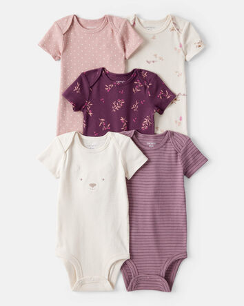 Baby Girl 5-Pack Bear Floral Multipack Bodysuits - White/Pink/Purple, 