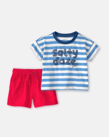 Baby Boy 2-Piece 'Salty Daze' Striped Graphic Tee & Shorts Set - Blue/White/Red, 